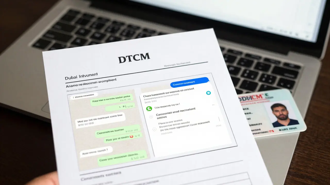 Anonymous complaint form submitted to Dubai authorities with screenshots and torn ID photo nearby.