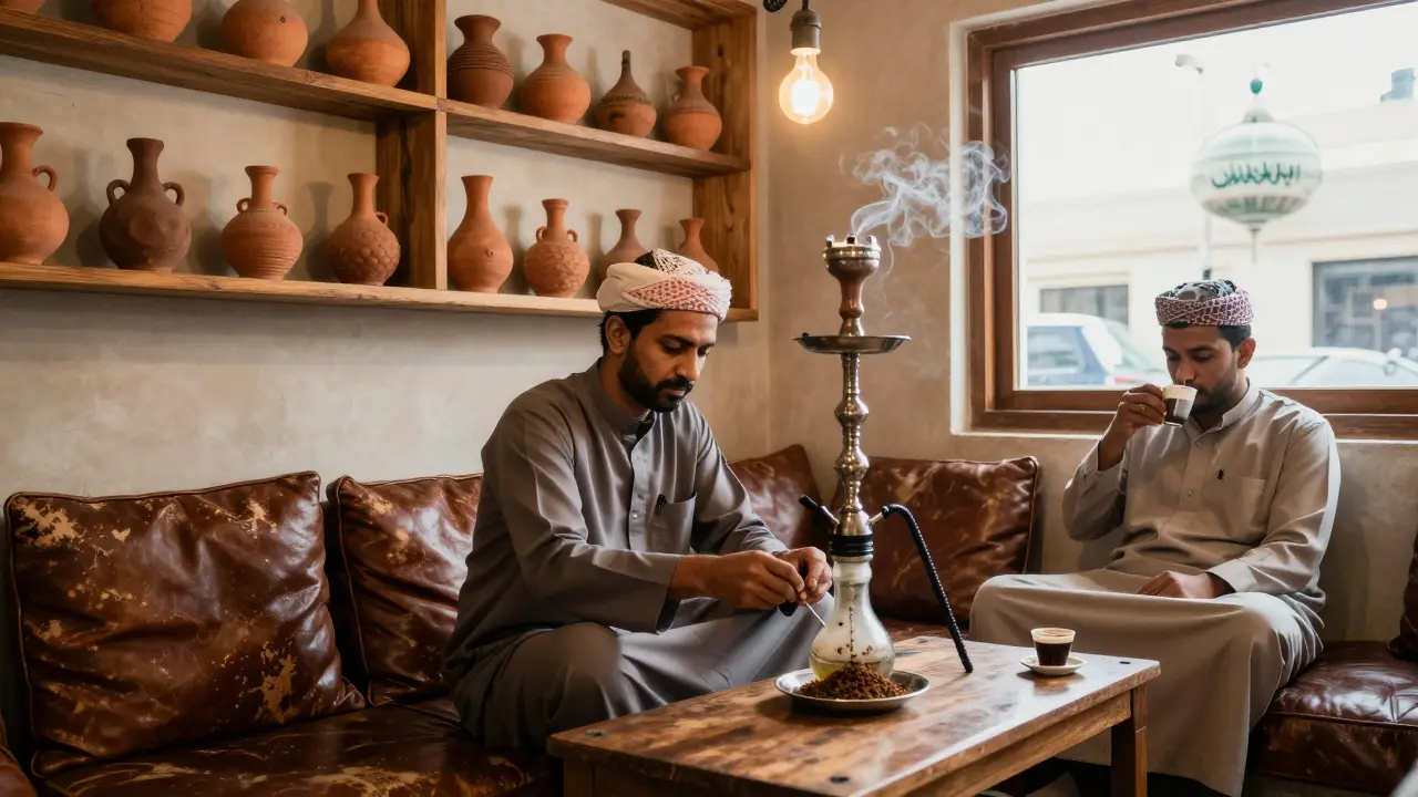 Authentic family-run shisha lounge with leather cushions and oud smoke in Deira.