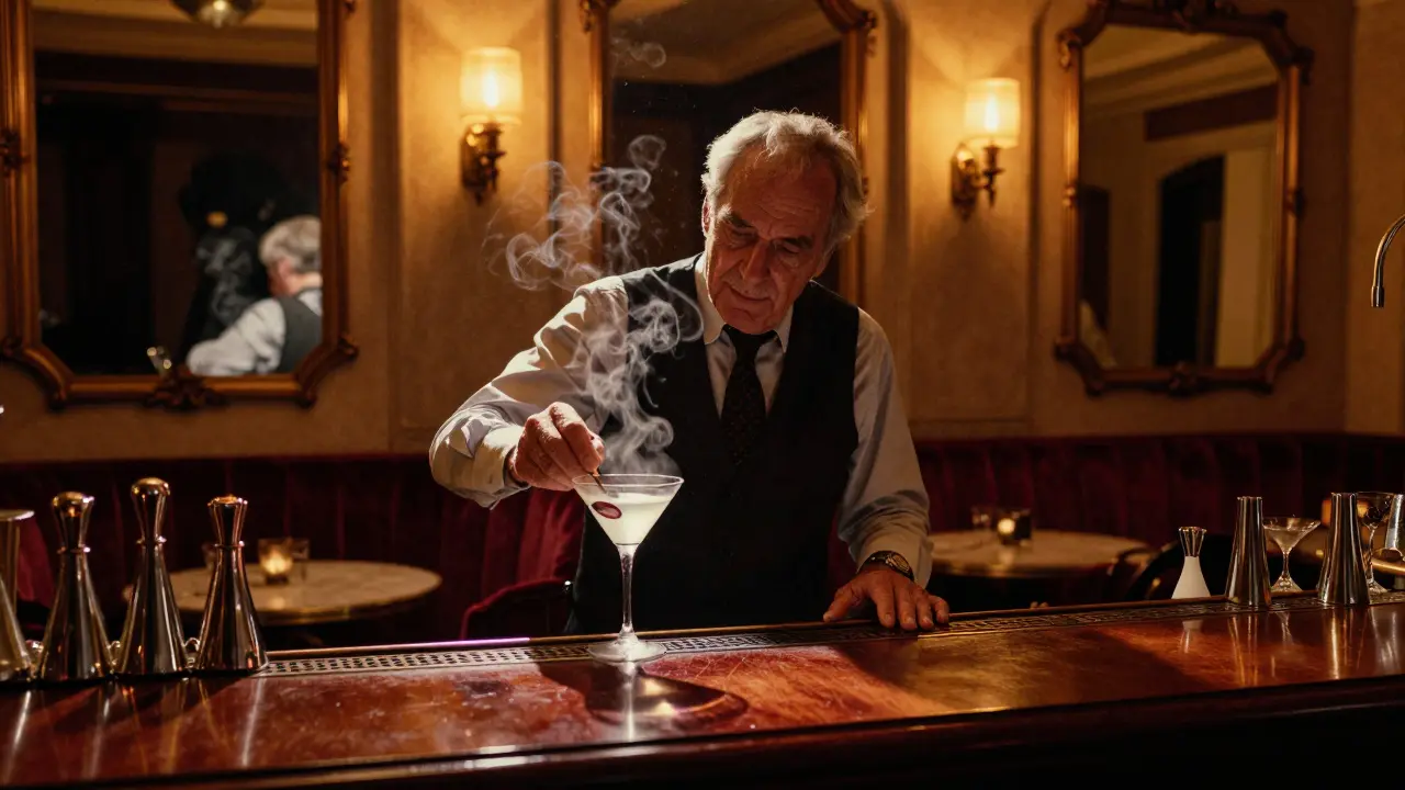 Bartender polishing a martini at Bar de l’Hôtel de Paris, lavender mist rising.