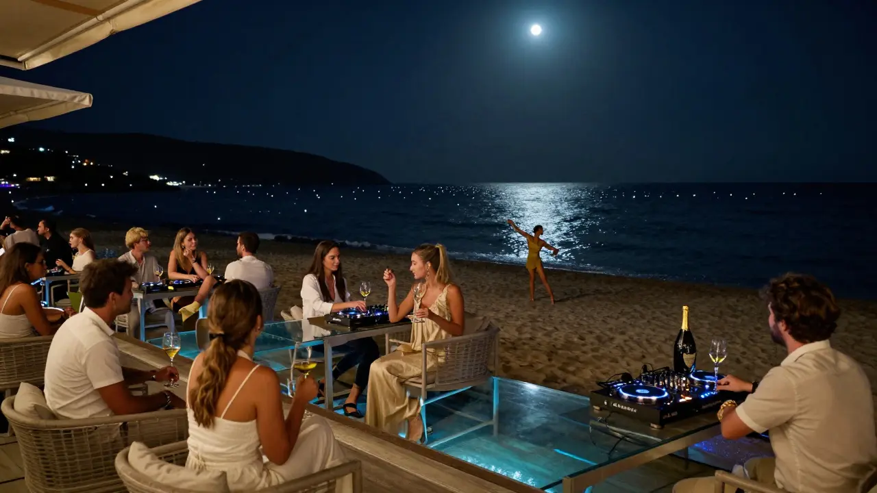 Beachfront club at midnight with glass tables over ocean, guests in luxury attire, coastline glowing like diamonds, one person dancing softly under moonlight.