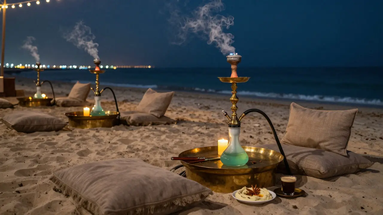Beachside shisha lounge with string lights, sand, and waves under stars.