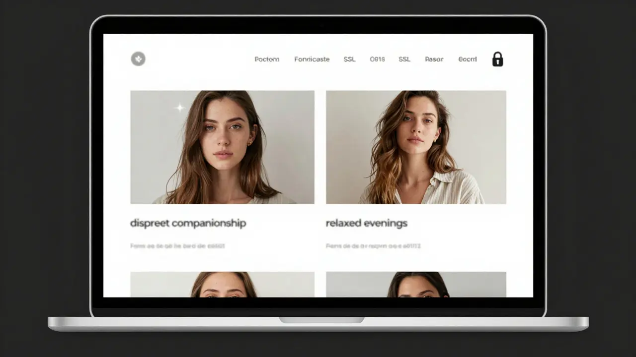 Clean, secure escort website interface with neutral photos and vague service descriptions on a laptop screen.