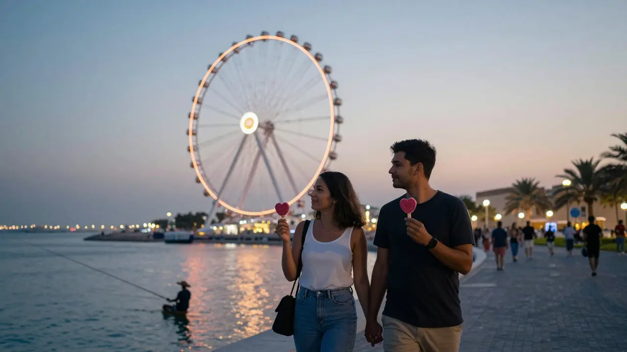 Couple walking along the seaside promenade holding gelato, Ferris wheel glowing in the background.