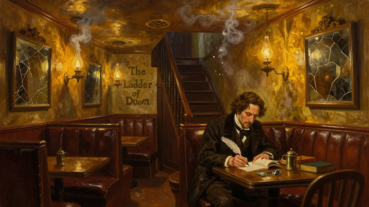 Cozy 17th-century pub interior with gas lamps, leather booths, and a writer at a table.