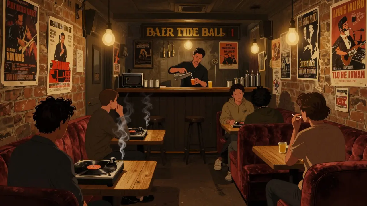 Cozy basement bar with vinyl records and soft lighting, locals enjoying intimate music night.