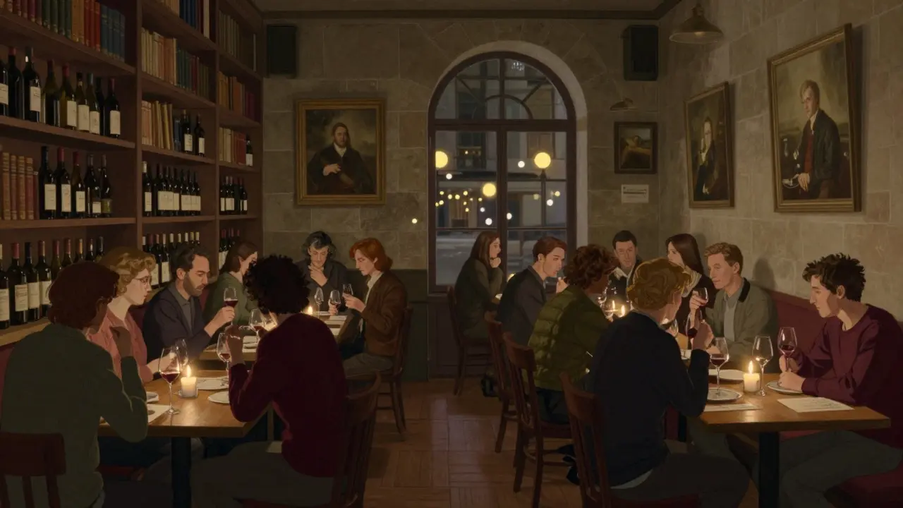 Cozy Brera wine bar with patrons sipping Italian wines in soft candlelit intimacy.