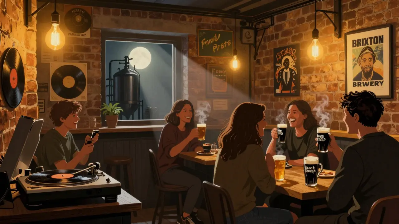 Cozy Brixton Brewery bar with vinyl records, locals drinking IPA, and moonlight through a window.