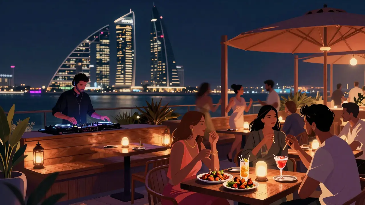 Crowd at a vibrant rooftop lounge with live DJ, enjoying free Indian snacks and cocktails under neon lights.