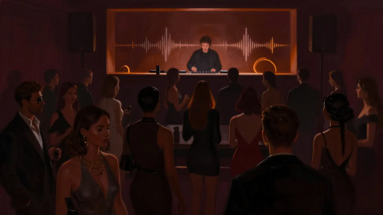 Crowd dancing at Le Ruhl under moody lights, no phones, elegant evening wear.