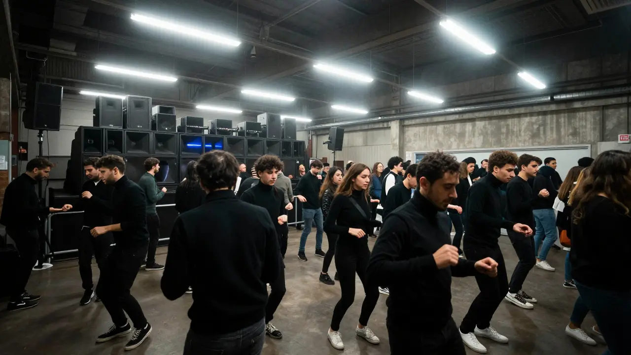 Crowd dancing in an industrial warehouse club in Milan, lights and bass pulsing through the room.