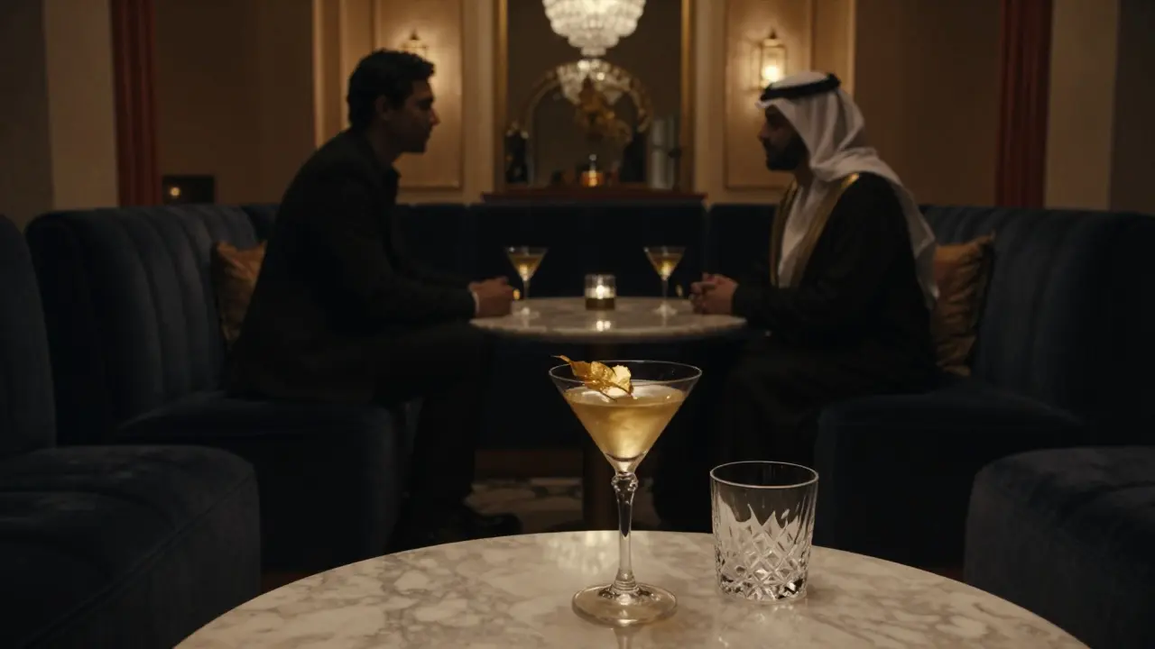 Dimly lit Al Qasr Lounge with a golden martini on a marble table, velvet booths, and mysterious silhouettes in quiet conversation.