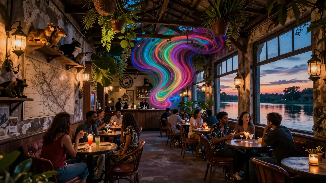 Dreamy warehouse bar with lanterns, stuffed animals, and exotic drinks under soft midnight light.