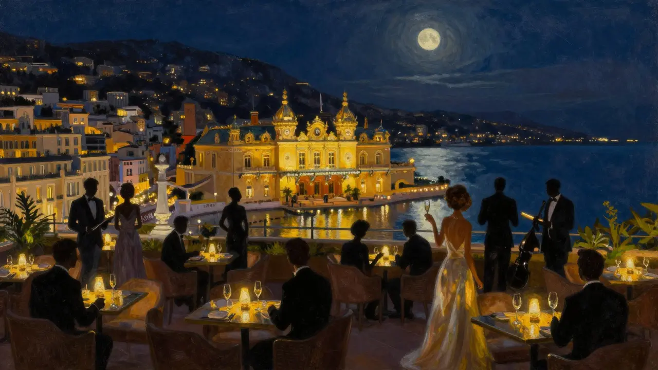 Elegant rooftop lounge in Monaco at midnight with guests in formal wear overlooking the glittering harbor.
