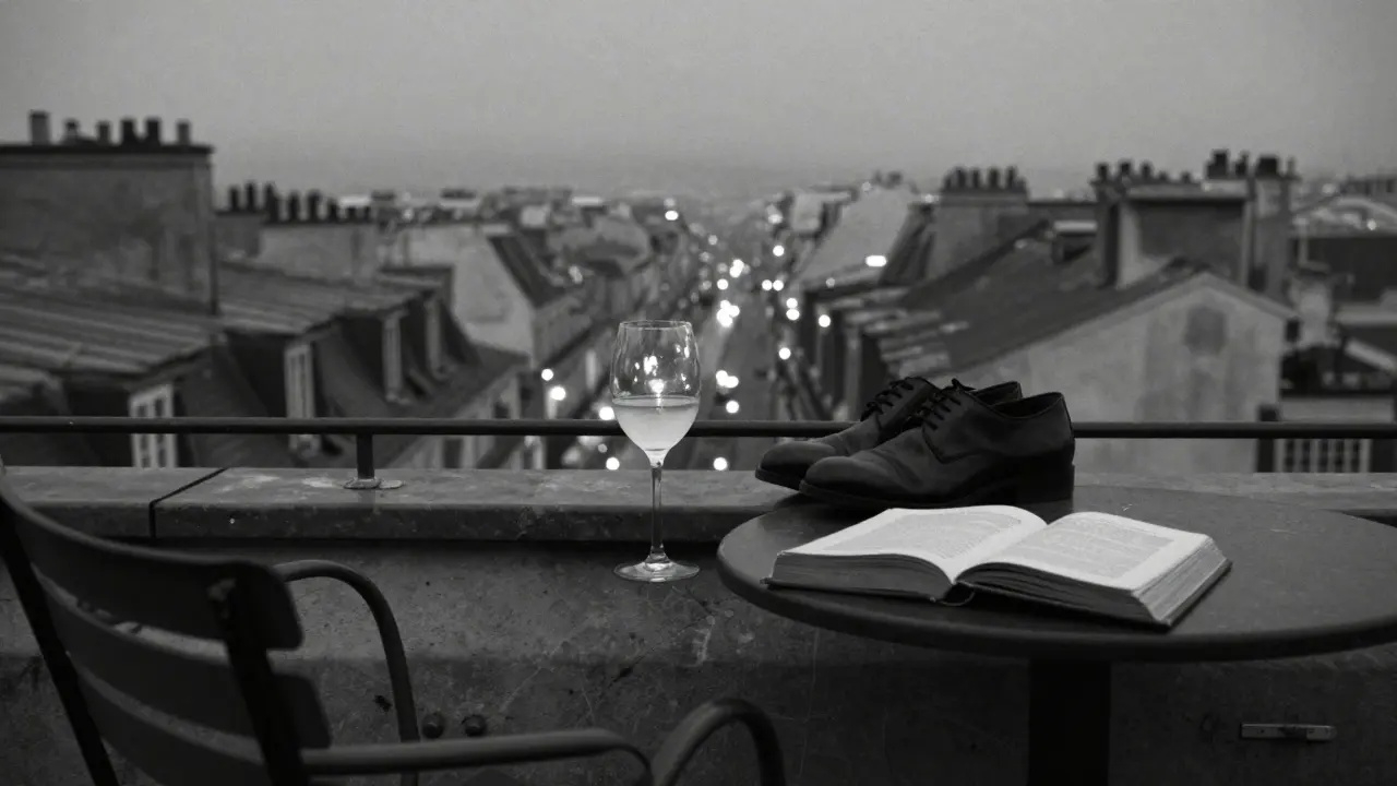 Empty rooftop terrace in Paris with wine glass and open book, city lights glowing softly below.