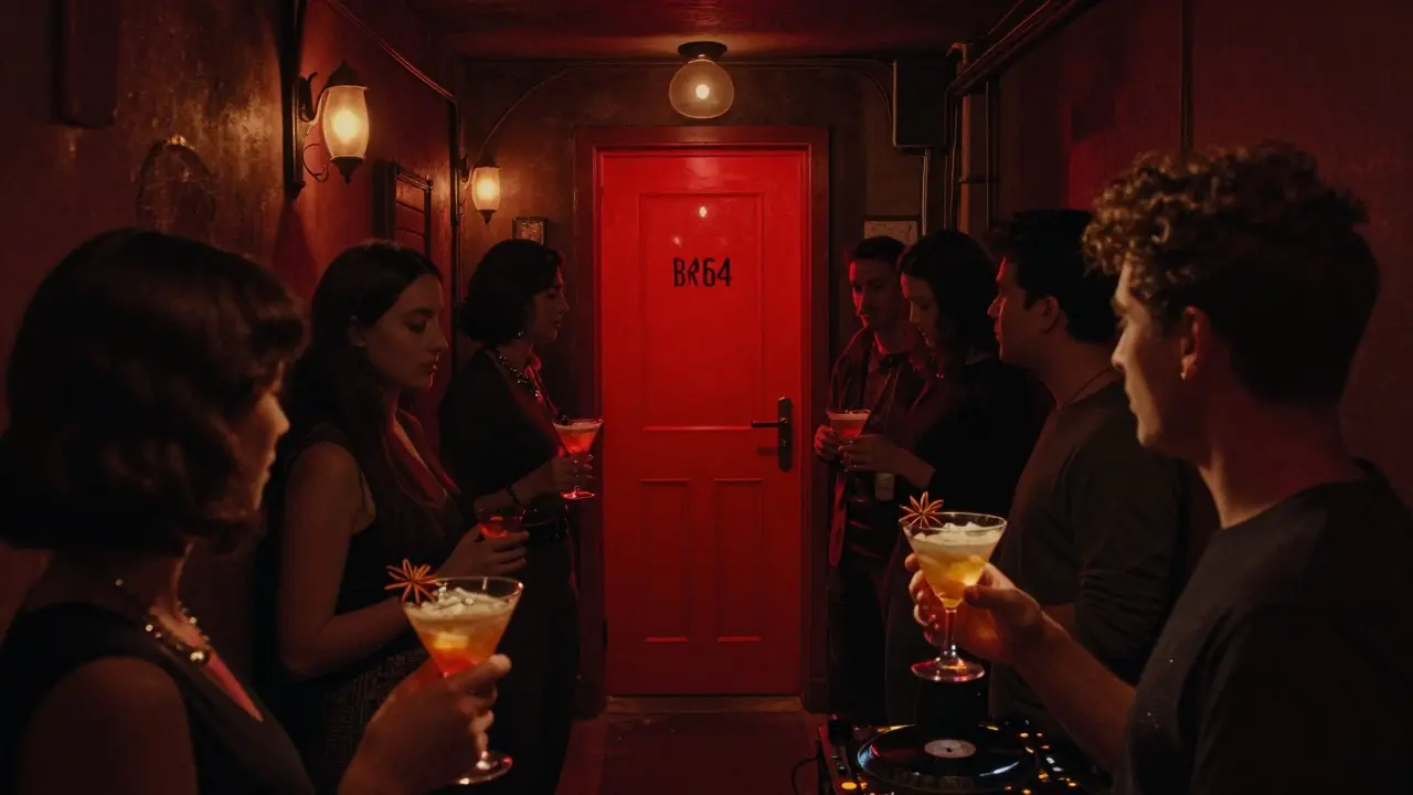 Hidden bar with a red door, dim interior, people enjoying cocktails under low lights.