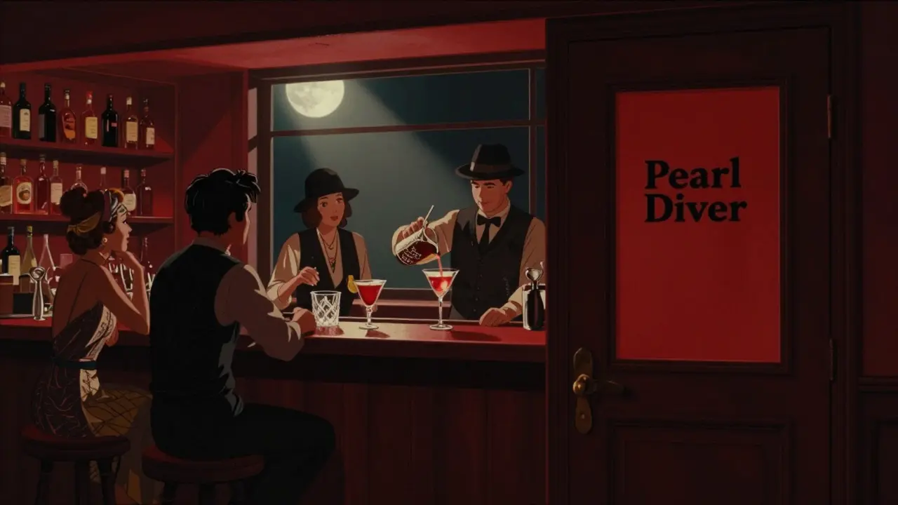 Hidden speakeasy bar with dim lighting and patrons in vintage attire.