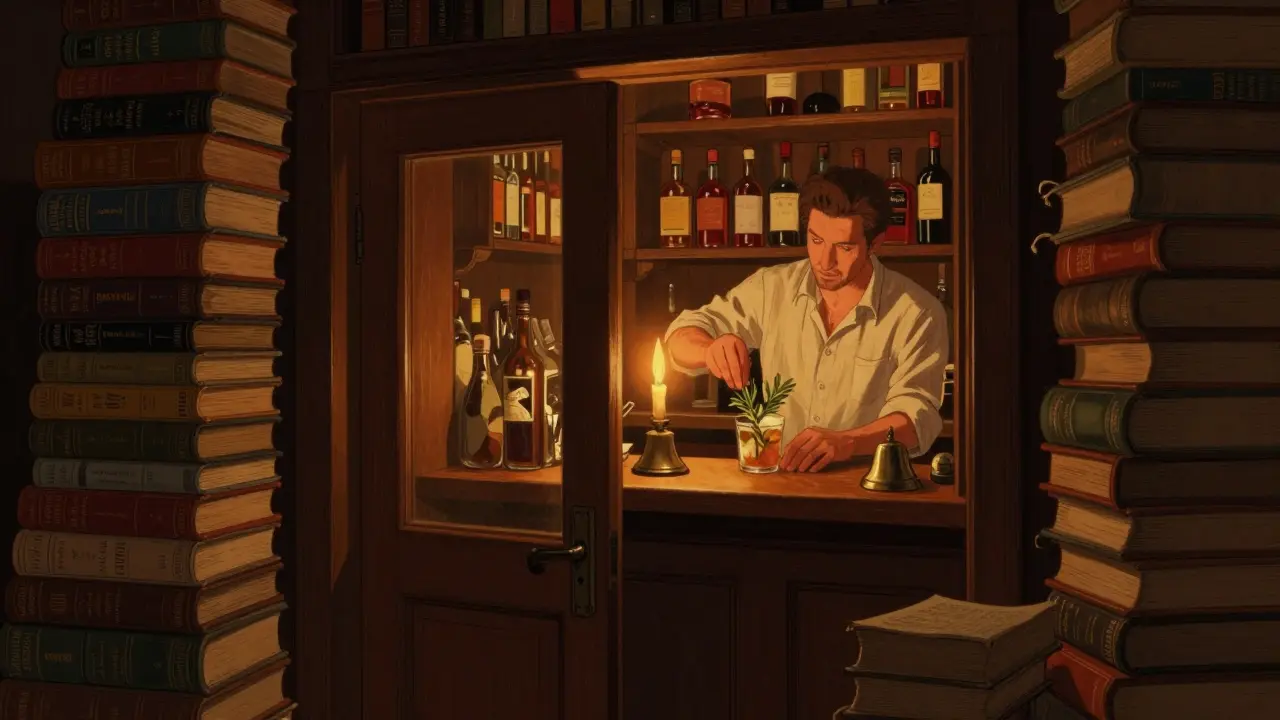 Hidden speakeasy behind a bookstore door, lit by candles with whiskey bottles on shelves.