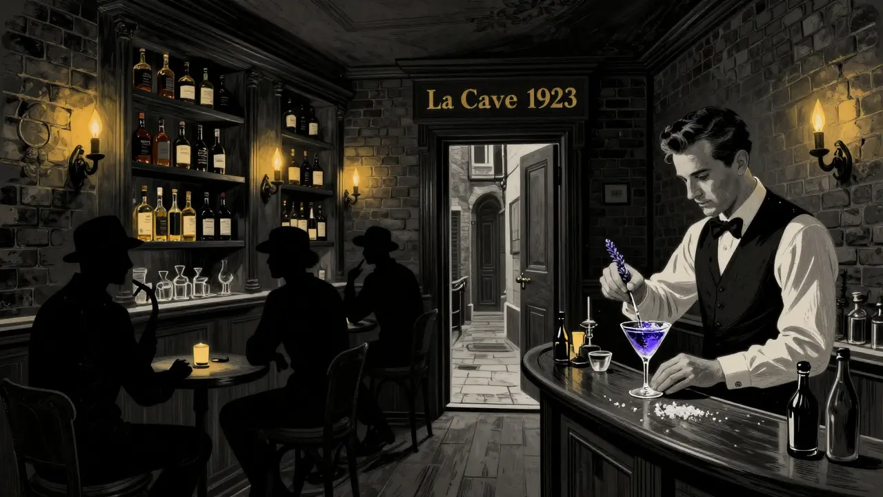 Hidden speakeasy with candlelit bar and shadowed patrons, no signs, intimate and mysterious atmosphere.
