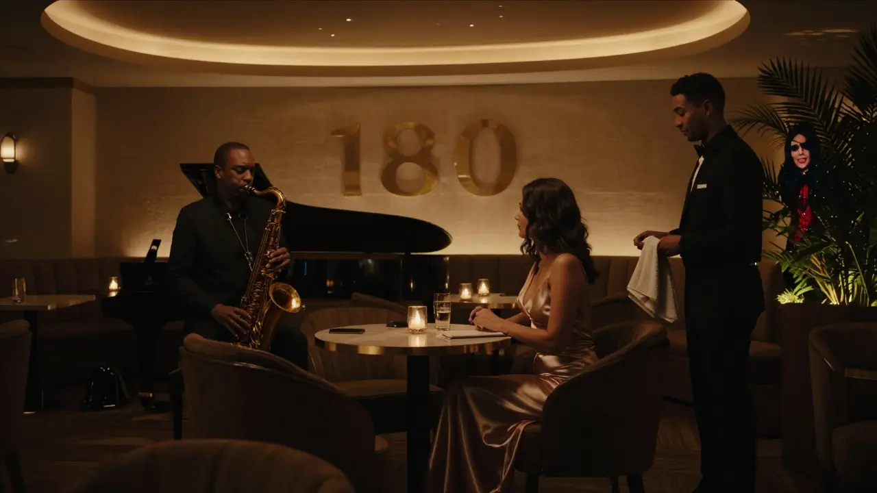 Intimate jazz bar 180° with saxophonist playing, woman at corner table, no phones, warm towel offered by staff in hushed luxury setting.