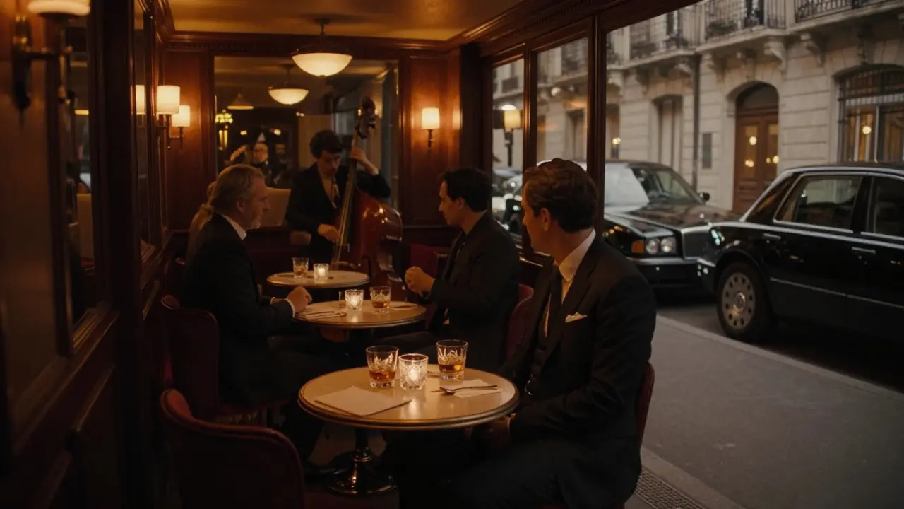 Intimate jazz lounge hidden in Monaco's alley, dim amber lights, crystal glasses, and a man drinking bourbon at a quiet corner table.