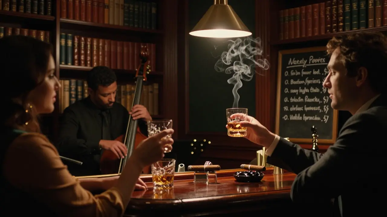Intimate speakeasy bar with jazz trio, patrons raising whiskey glasses in a dimly lit library setting.