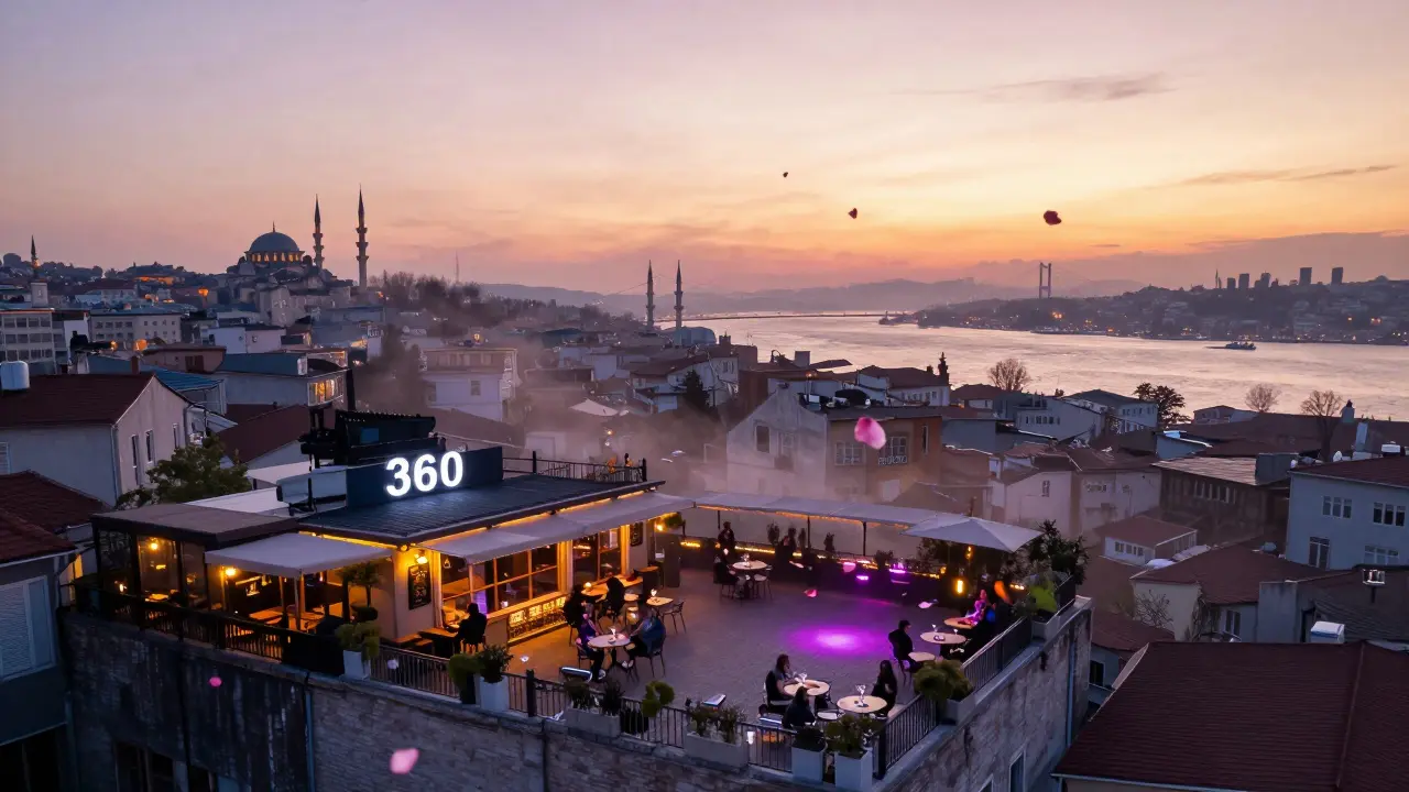Istanbul skyline at sunrise with rooftop bars glowing softly over the Bosphorus.