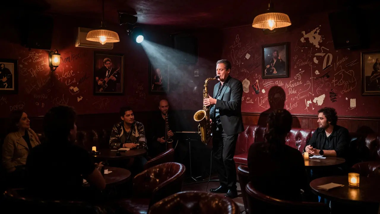 Jazz musician performing in a dimly lit, autograph-covered club with patrons swaying gently.