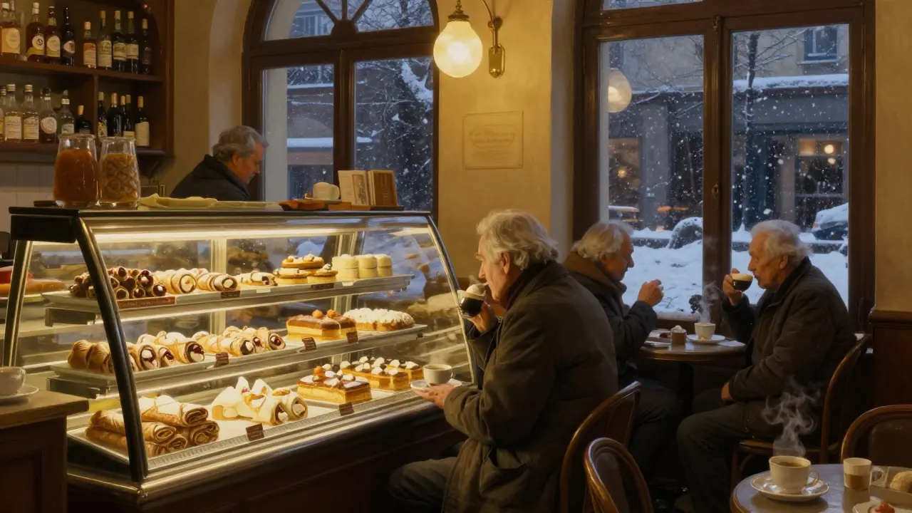 Late-night patrons enjoying bicerin at a century-old pastry shop in Milan as snow falls outside.