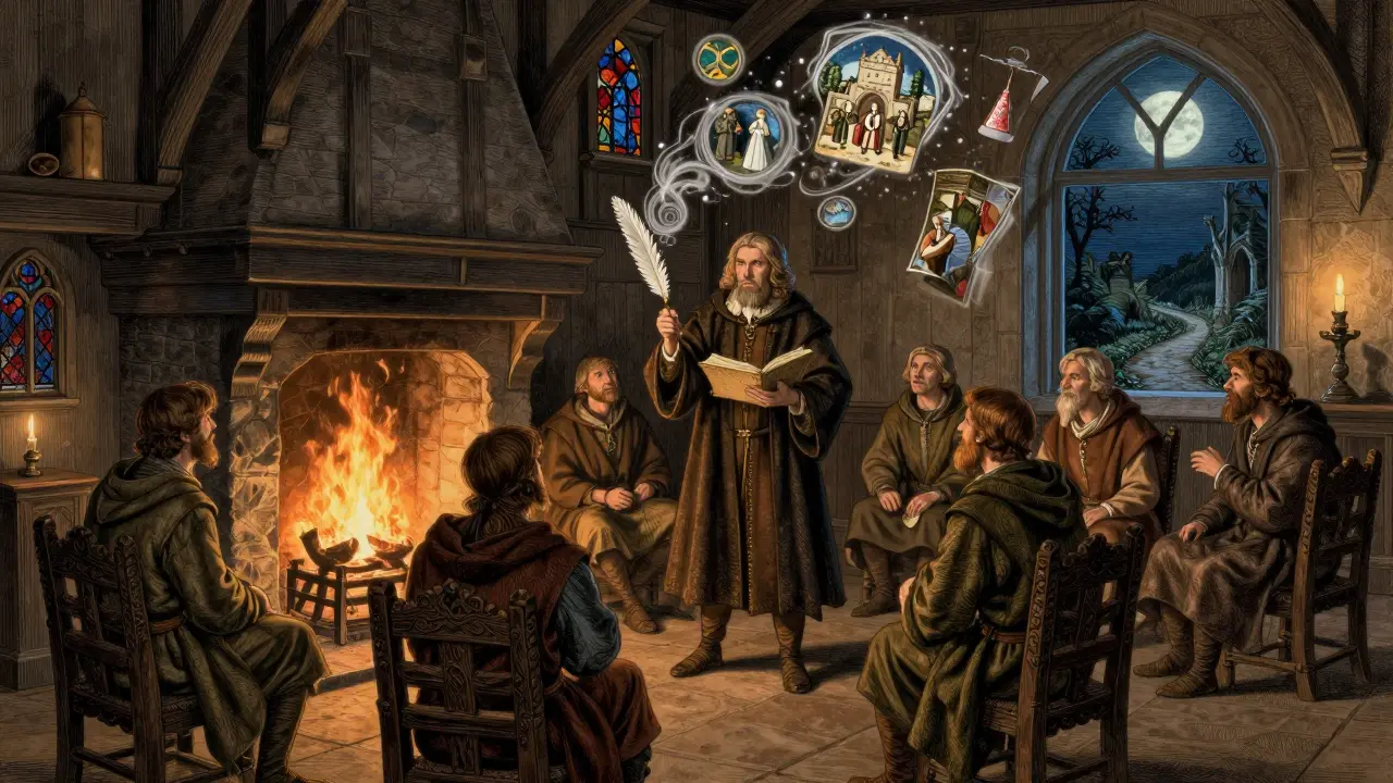 Medieval pilgrims around a fireplace as Chaucer writes, tales glowing in the air above.