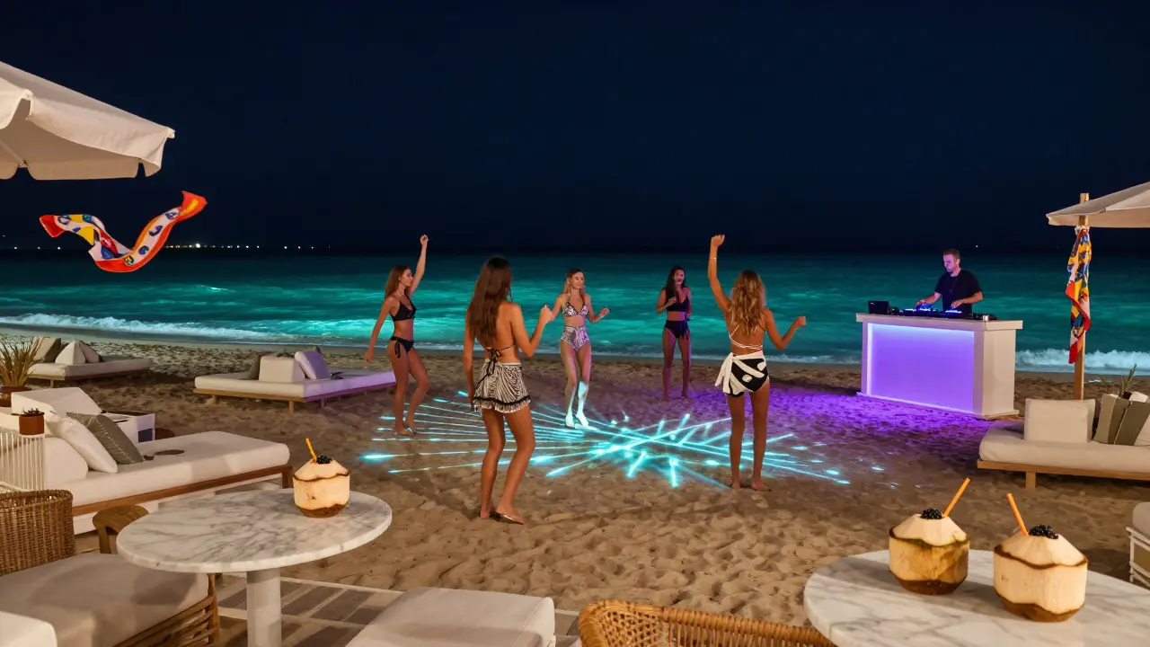 Nighttime beach club with dancers under stars, strobe lights, and the Mediterranean in the background.