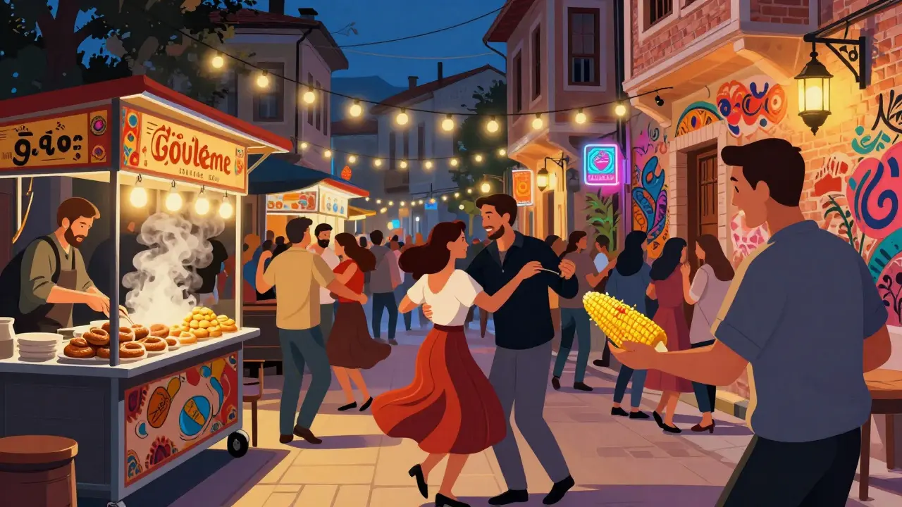 Nighttime street party in Kadıköy with people dancing under string lights beside food carts.