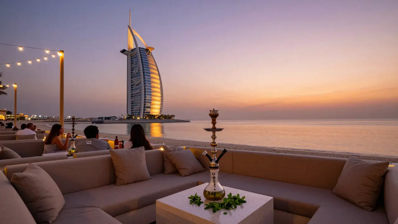 Outdoor shisha terrace at sunset with Burj Al Arab glowing across the water.