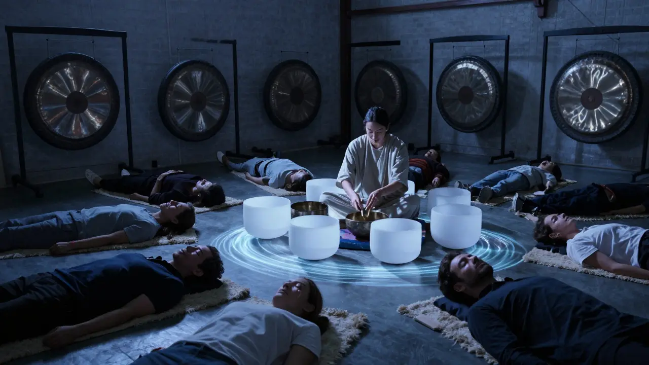 People lie on blankets in a dark warehouse, bathed in soft blue light as sound bowls resonate.