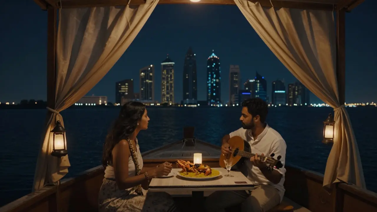 Private boat cruise at night with couple enjoying dinner under lantern light and city glow.