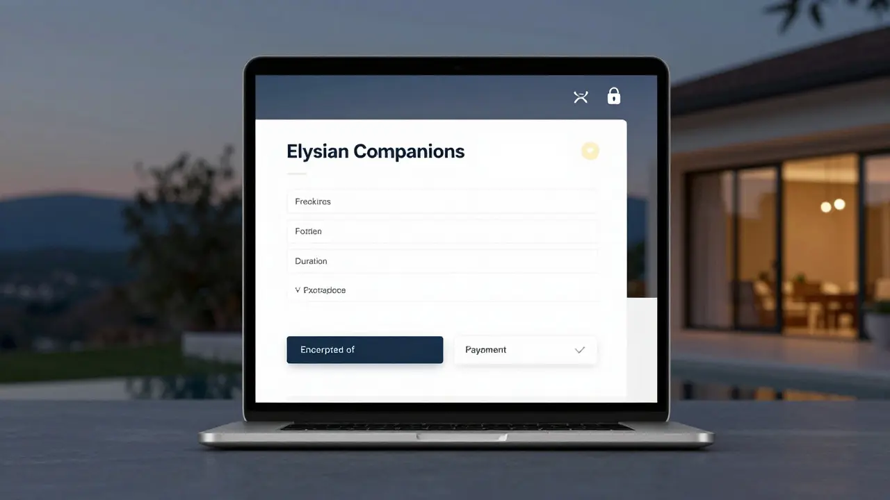 Secure online booking page for a high-end companionship service with encrypted payment options and private villa background.