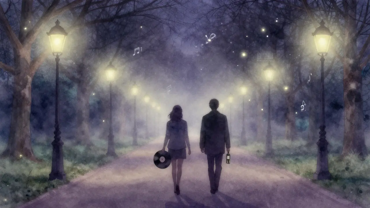 Silhouettes walking through Luxembourg Gardens at night, surrounded by glowing lamps.