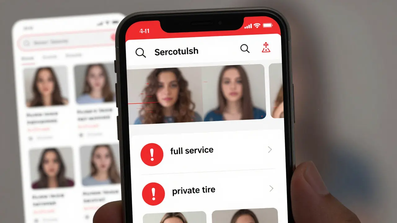 Smartphone screen showing a suspicious escort website with red warning icons and duplicate stock photos.
