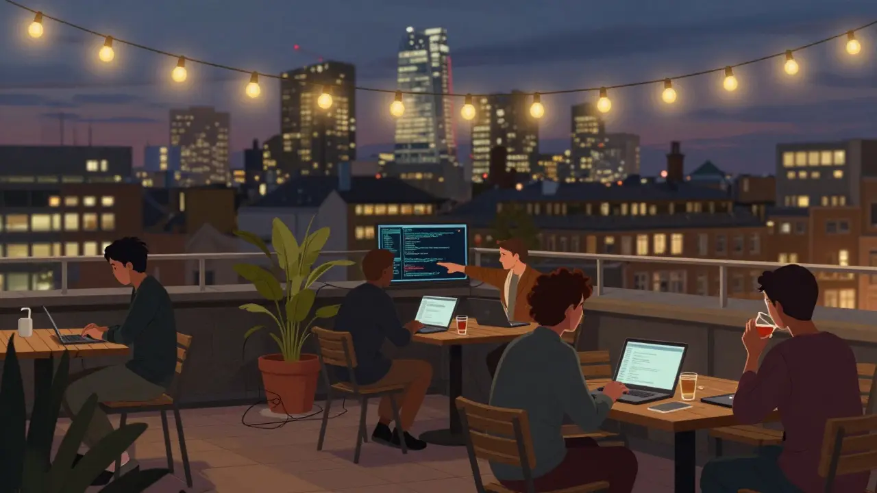 Tech workers on General Assembly's rooftop terrace at night, laptops and string lights under London's skyline.