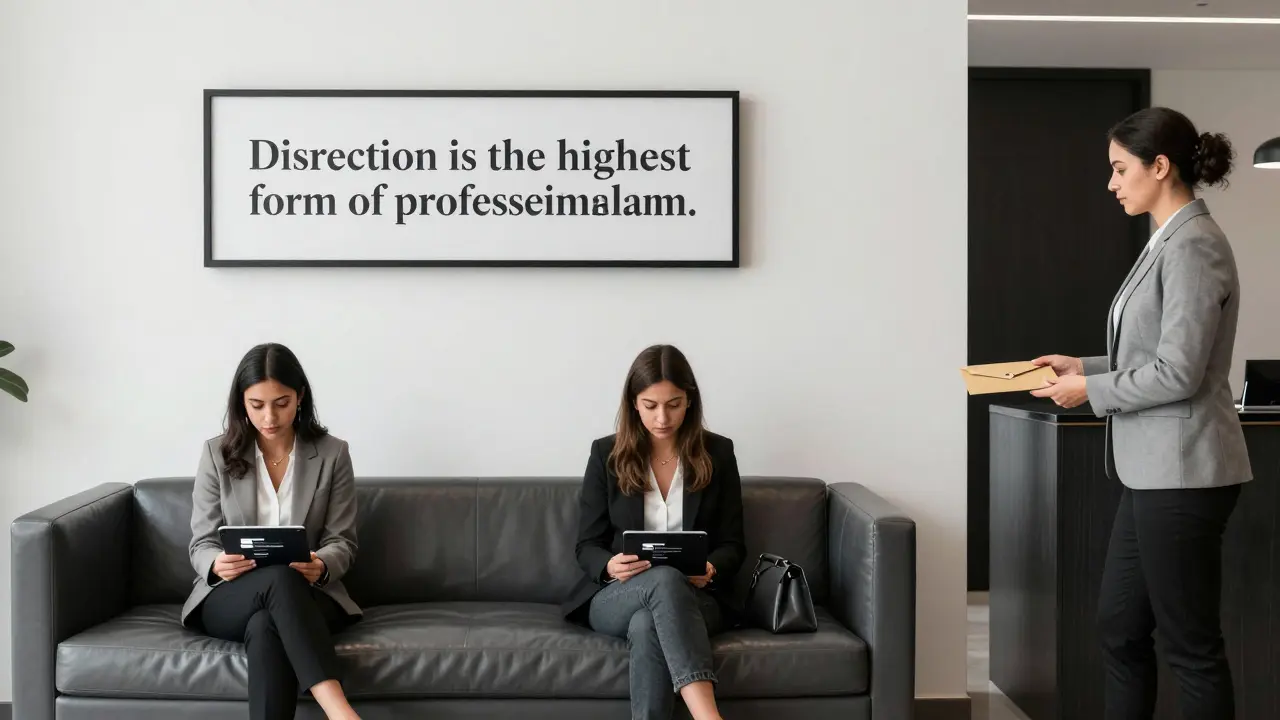 Three clients waiting quietly in a minimalist lounge with secure booking portals on tablets.