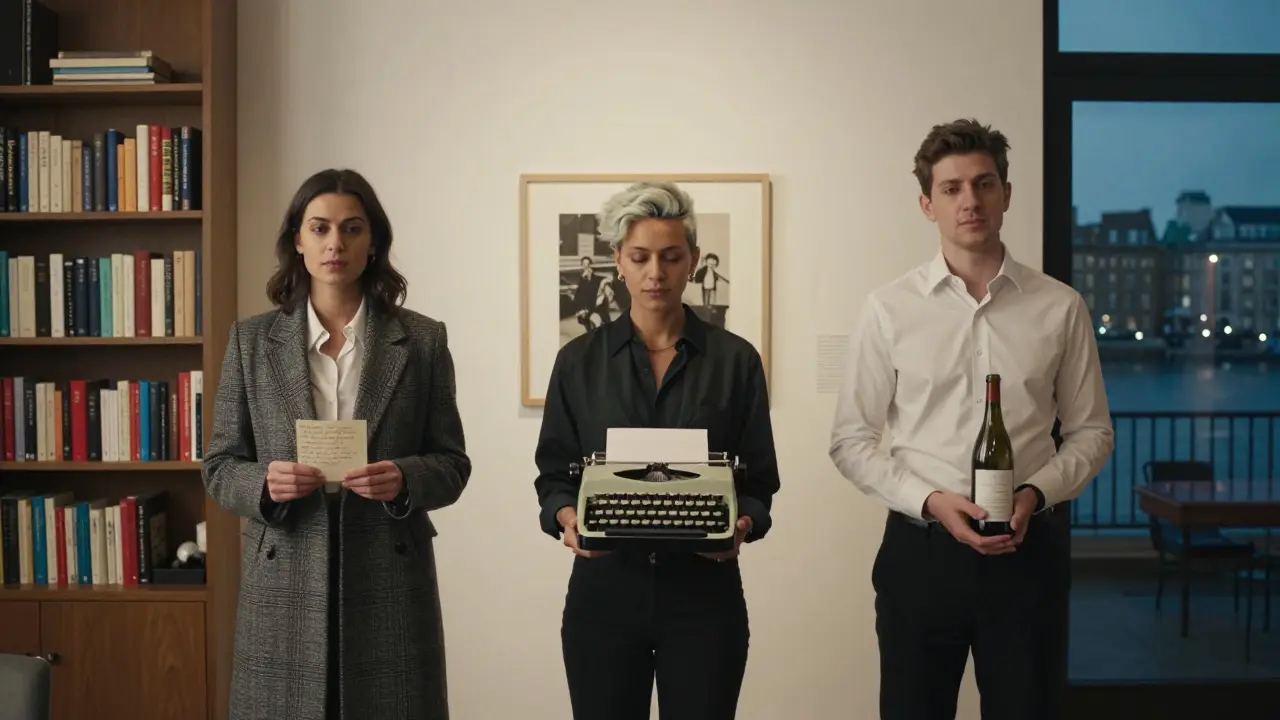 Three companions in London — a woman, non-binary person, and man — each in a different setting, holding symbols of meaningful human connection.