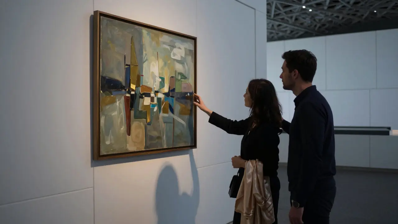 Two figures walking softly through the Louvre Abu Dhabi at twilight, fingers lightly touching as they admire a painting.