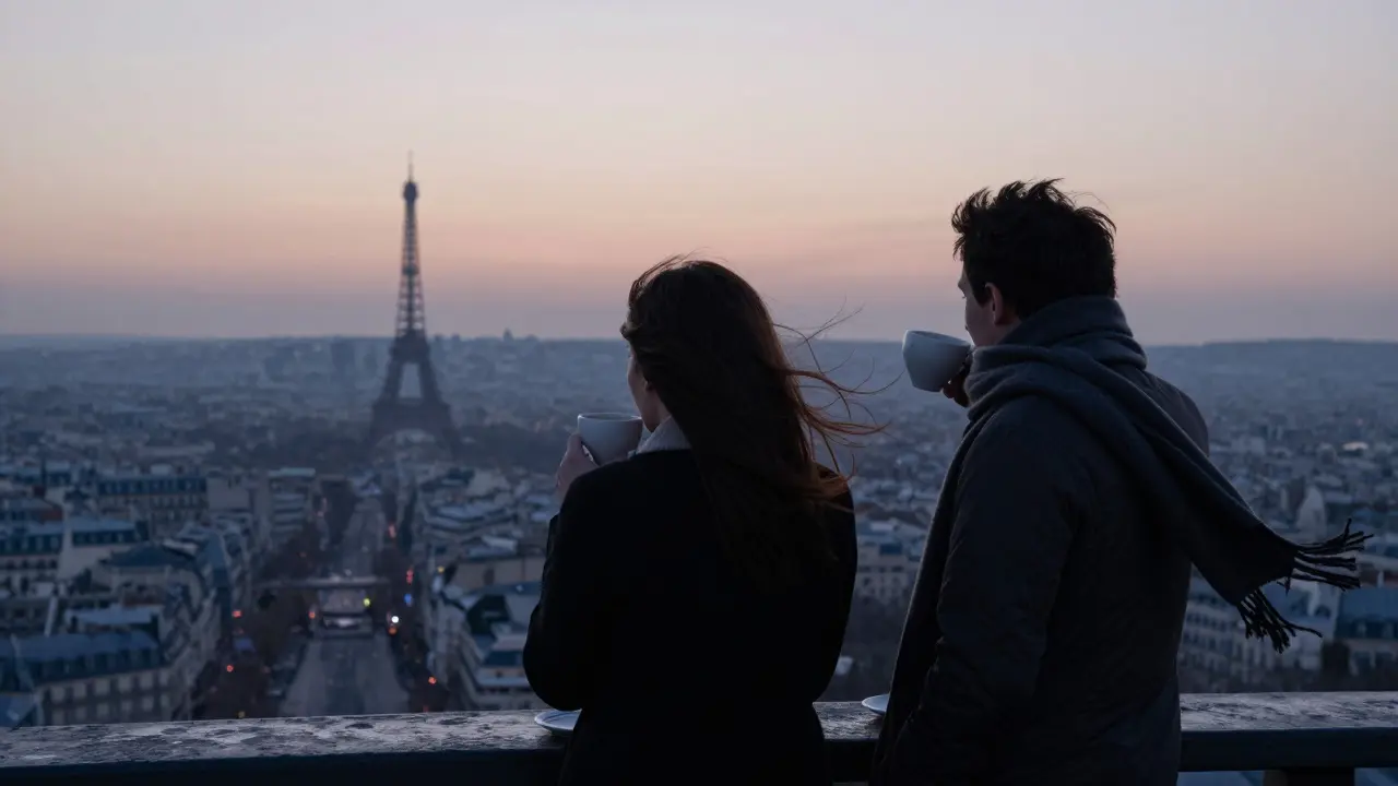 Two individuals watching sunrise over Paris from Montparnasse Tower in silence.
