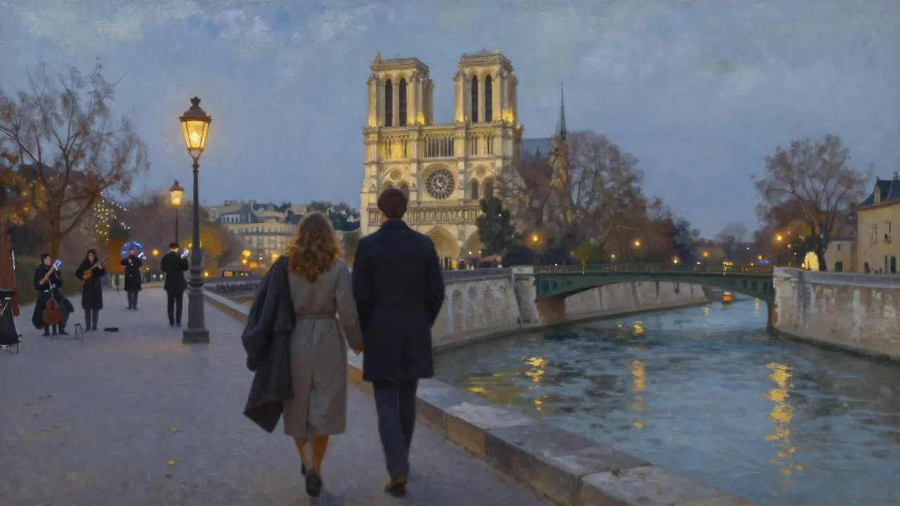 Two people walking along the Seine at dusk, pausing on a bridge with Notre-Dame in the distance.