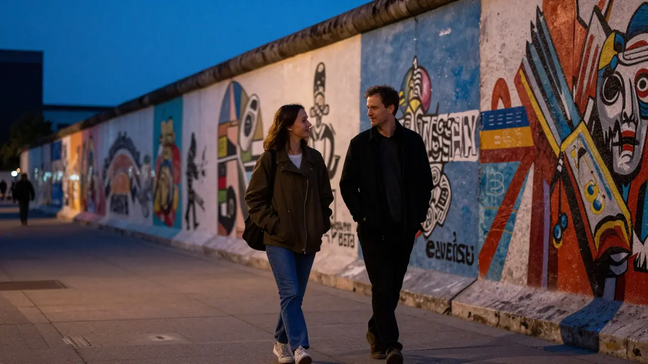 Two people walking peacefully beside the colorful East Side Gallery at twilight.
