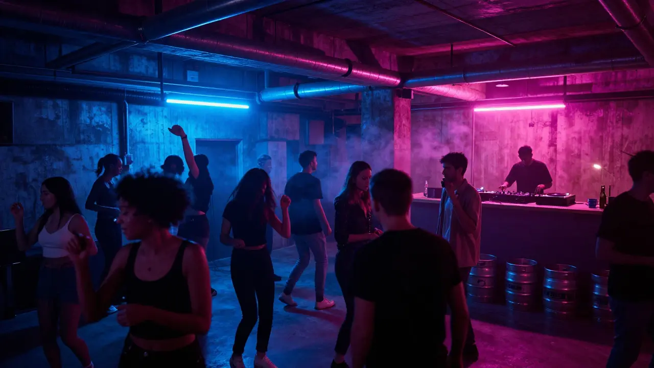 Underground techno club in Isola with neon lights and dancers in an industrial warehouse.