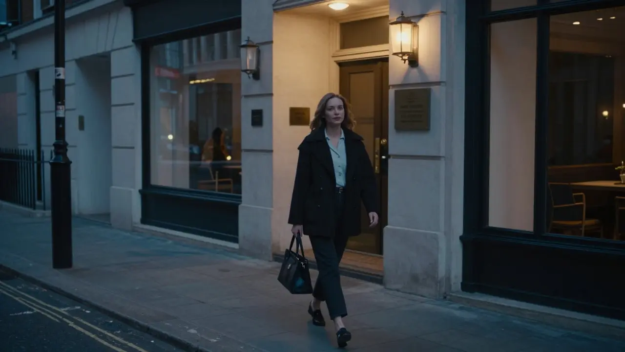 Woman walking confidently down a well-lit London street at dusk, exuding autonomy and quiet strength.
