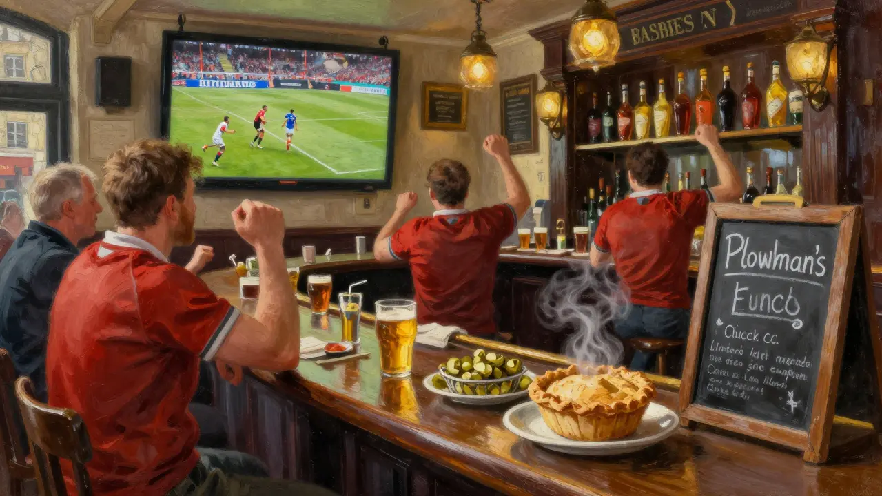 A British pub in Paris during a rugby match, with patrons cheering and pub food on display.