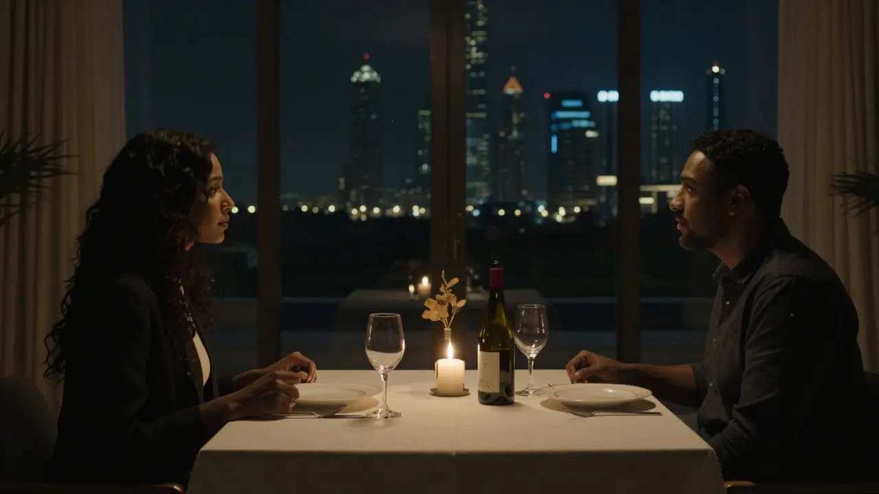 A candlelit dinner for two with Dubai skyline visible, conveying intimacy and discretion.