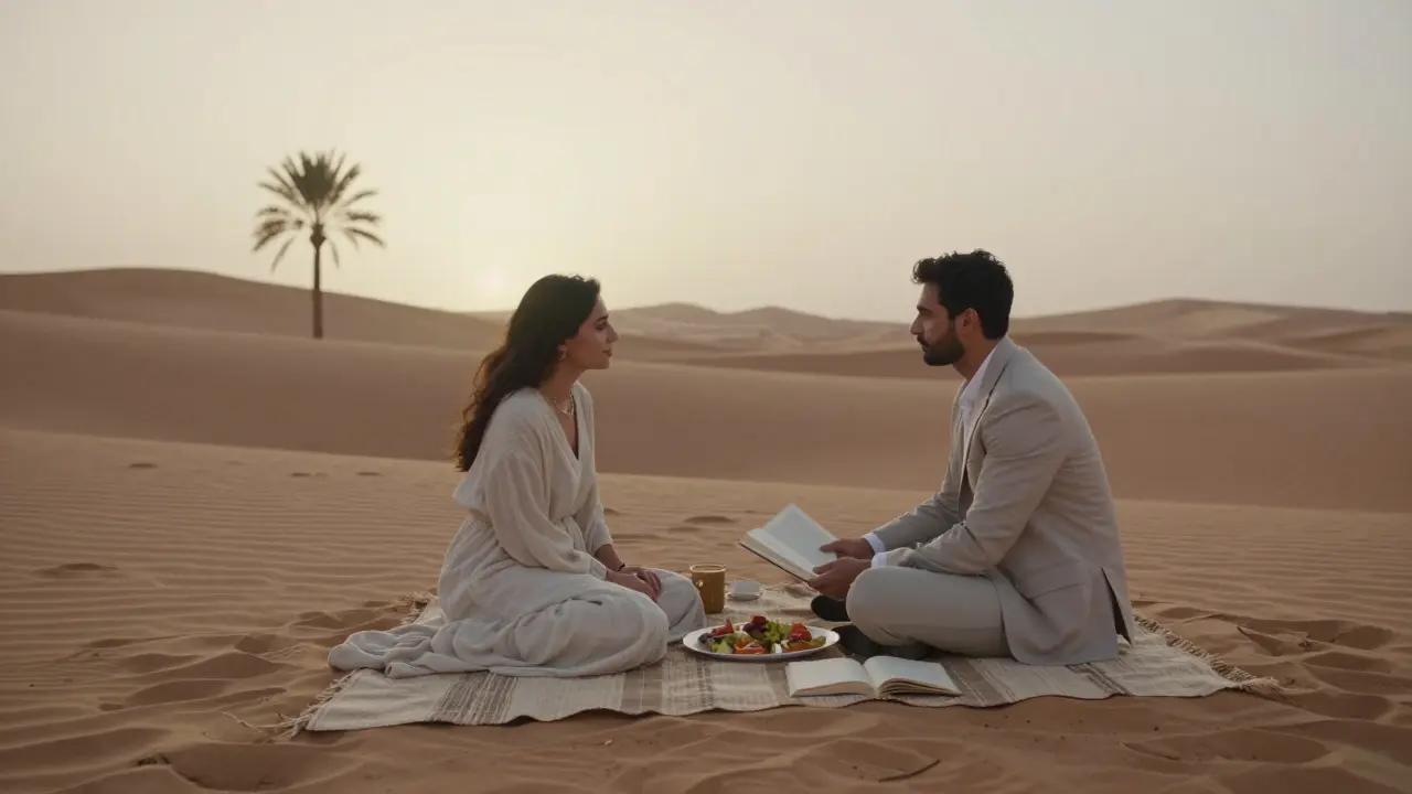 A couple enjoying a peaceful desert picnic at dawn, surrounded by quiet dunes and palm trees.