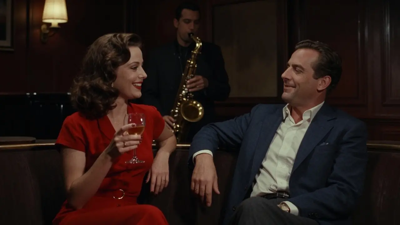 A couple enjoying jazz in a dimly lit Parisian bar, no phones, just presence.